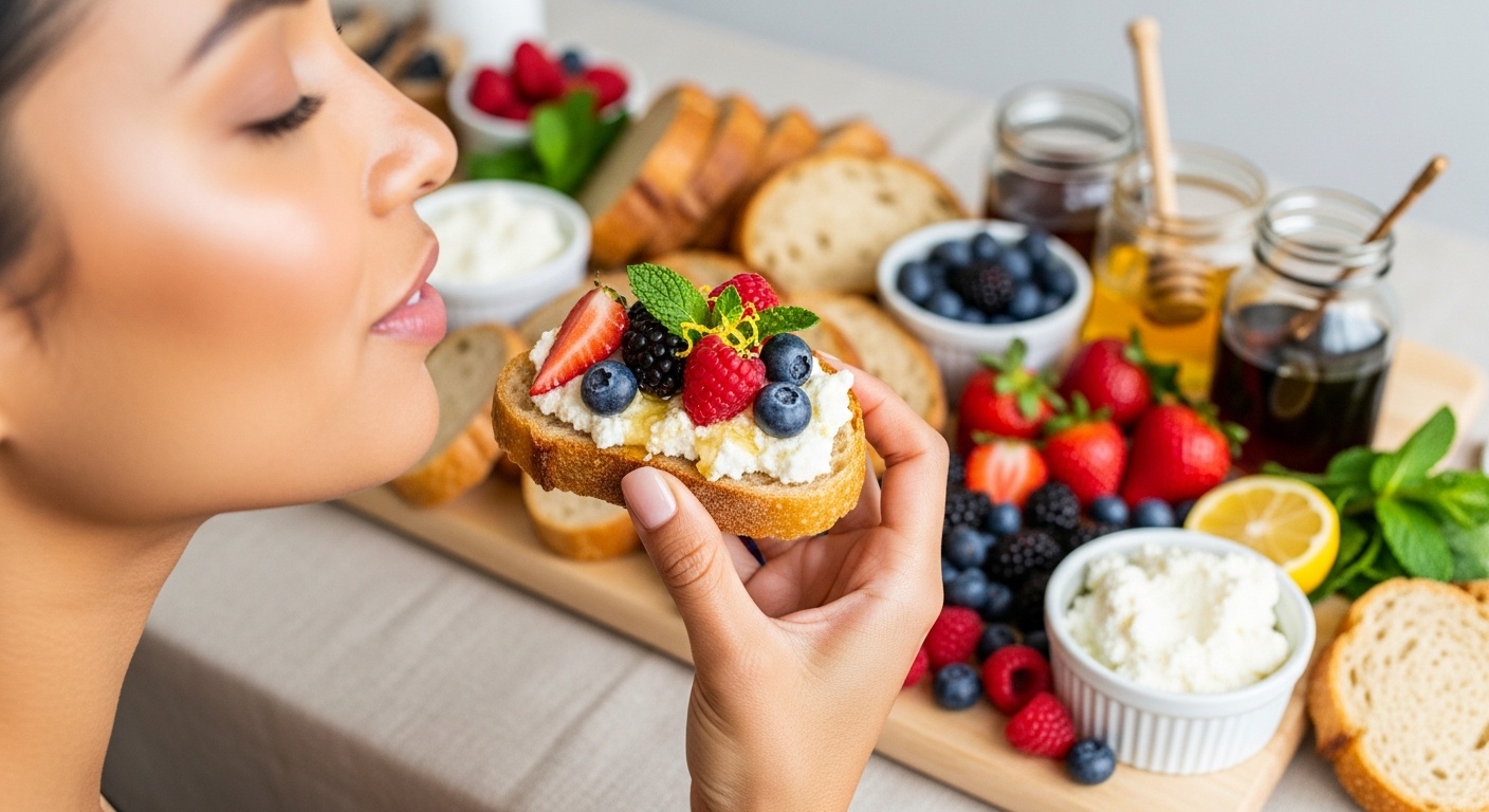 Slices of toasted bread topped with ricotta cheese and fresh mixed berries