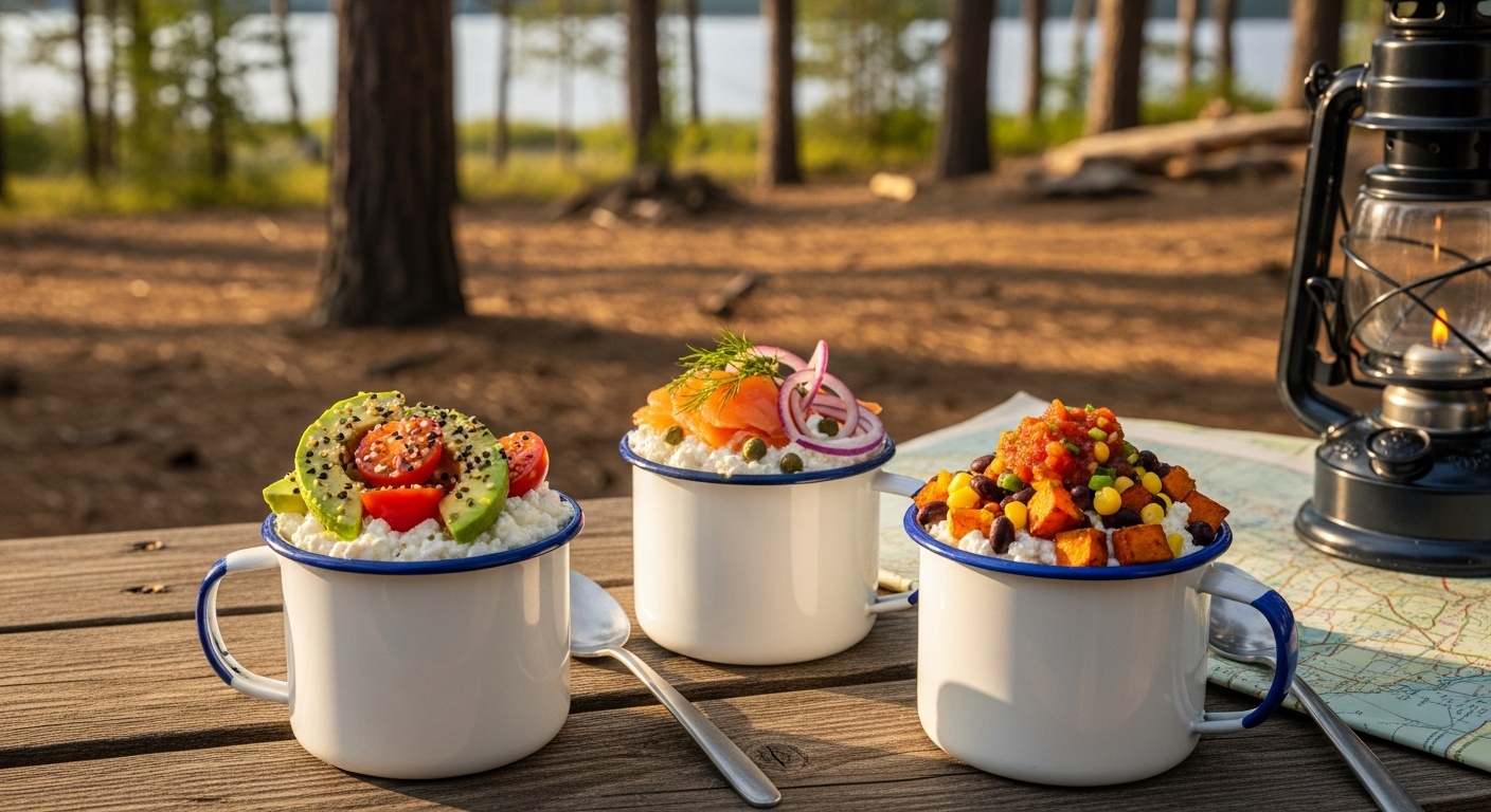 Three savory cottage cheese lunch bowls with vegetables herbs and crunchy toppings