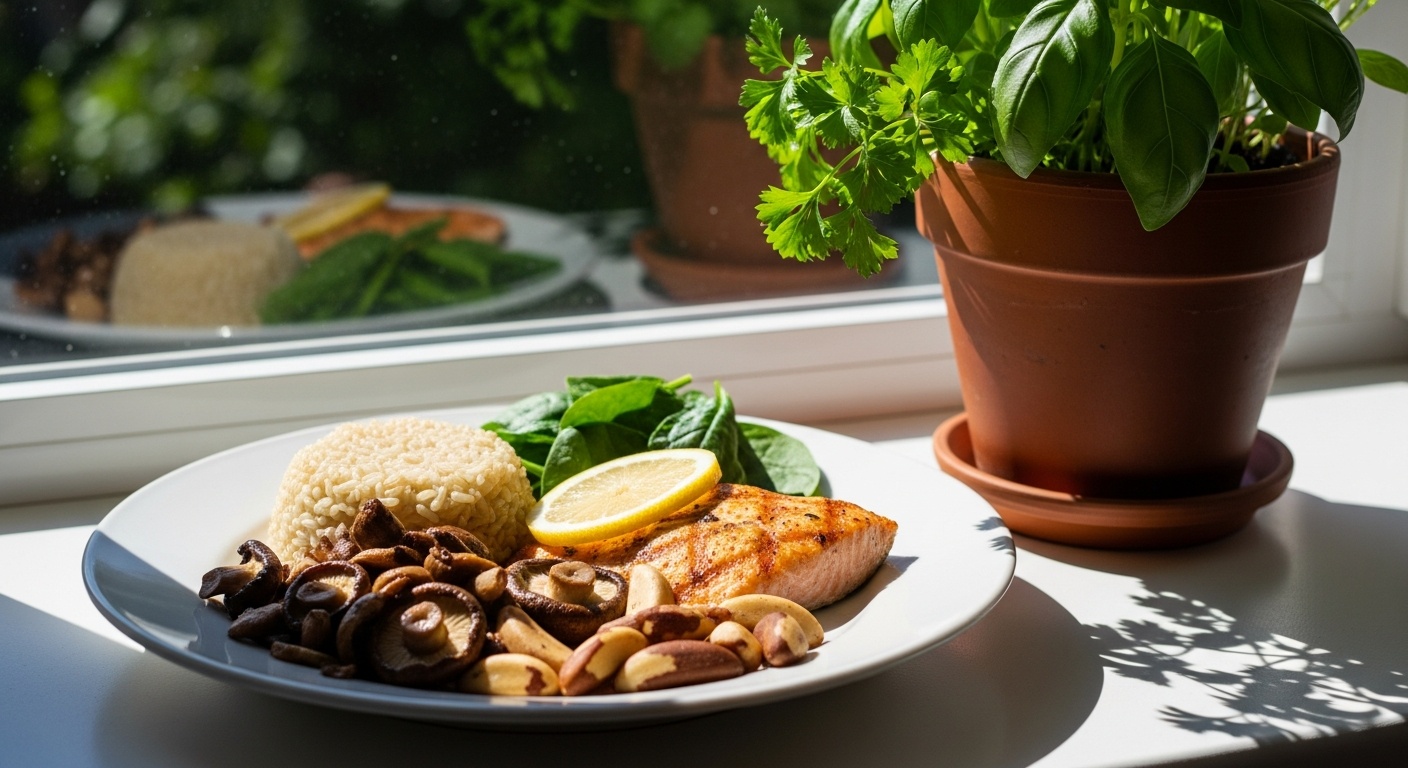 Various selenium containing foods like Brazil nuts eggs and fish on a counter