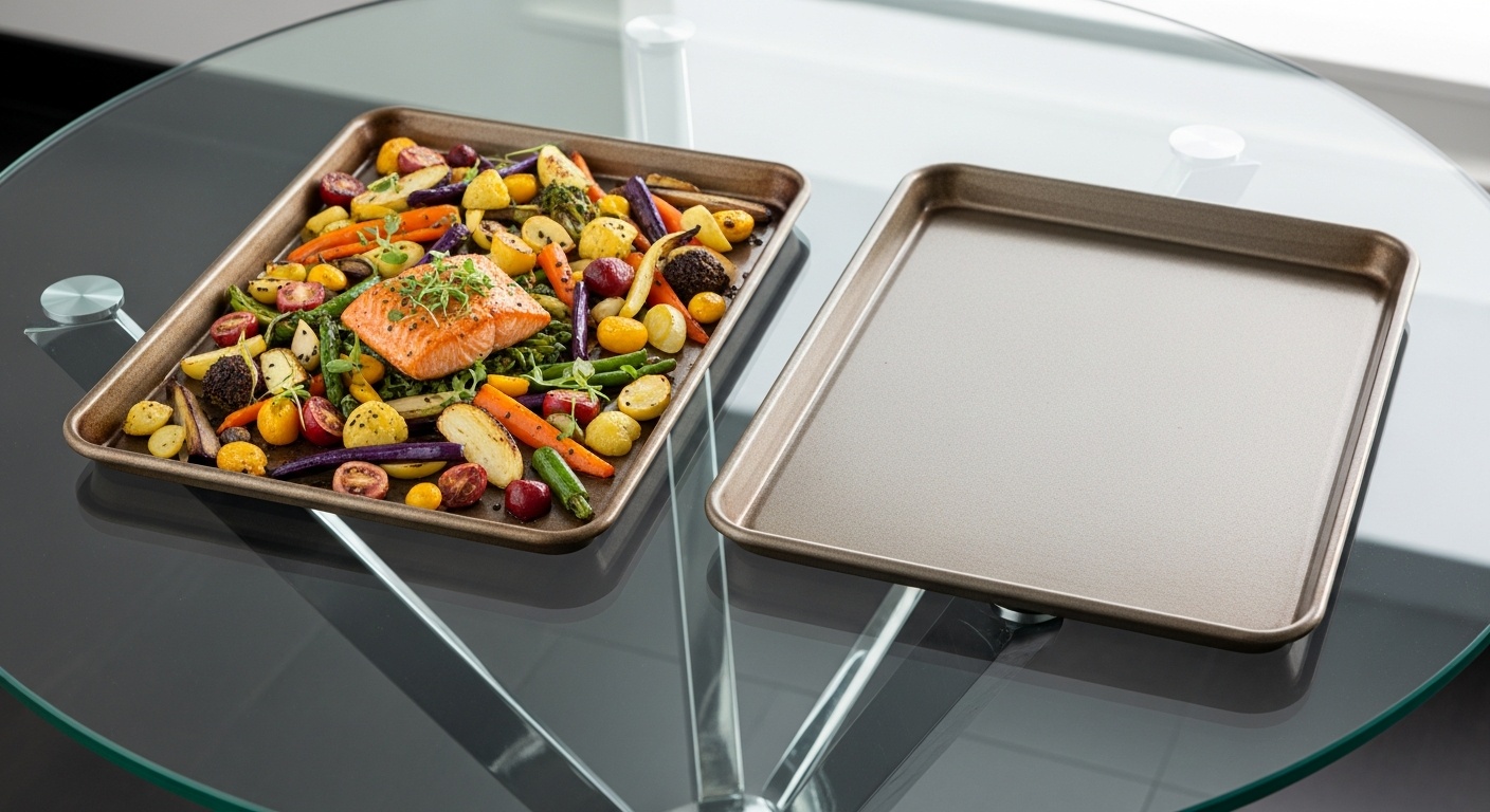 Two aluminum baking sheets on a counter, one with fresh roasted vegetables and one with cooling cookies