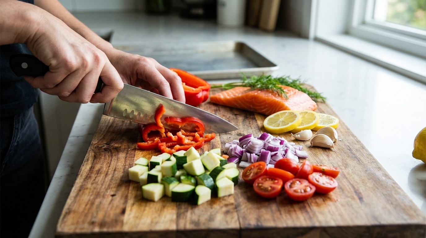 Sheet pan with salmon fillets and roasted vegetables