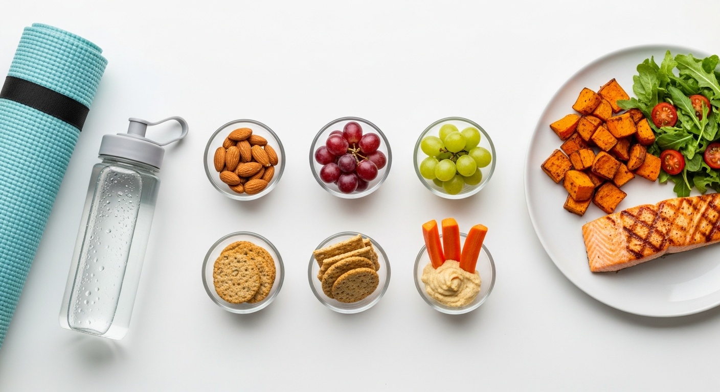 Small bowls and containers with portioned snacks like nuts crackers and dried fruit on a counter