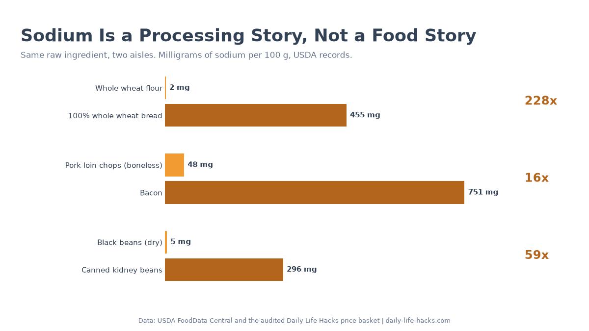 Bar chart pairing three raw ingredients with their processed versions: whole wheat flour 2 mg versus whole wheat bread 455 mg, pork loin 48 mg versus bacon 751 mg, dry black beans 5 mg versus canned kidney beans 296 mg