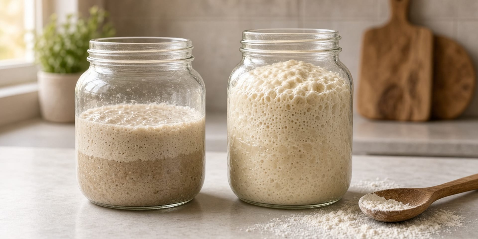 Two glass jars on a wooden counter. The left jar holds flatter sourdough discard with a layer of liquid on top. The right jar holds a bubbly starter risen into a dome.