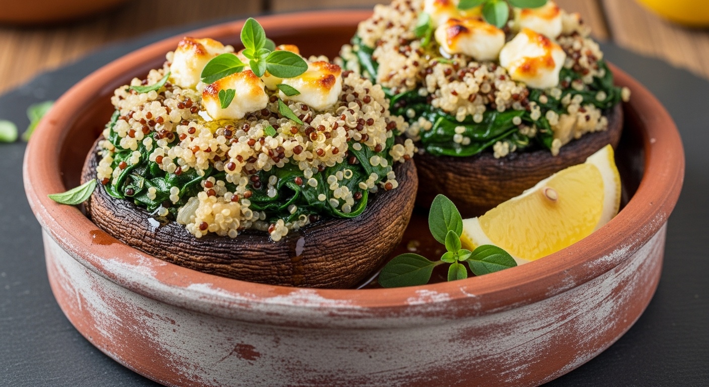 Baked stuffed portobello mushrooms filled with quinoa spinach and feta on a sheet pan