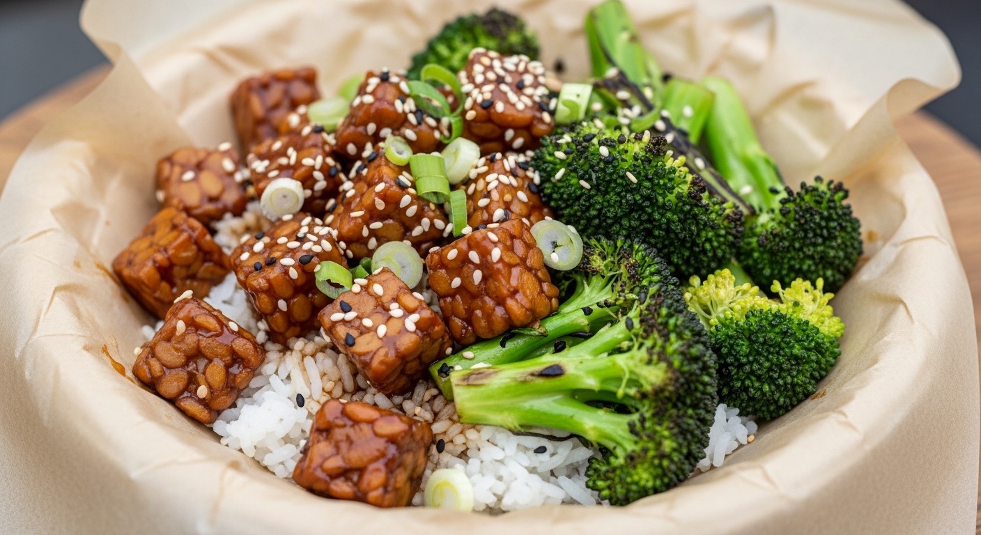 A bowl of warm rice topped with glazed teriyaki tempeh and bright green steamed broccoli