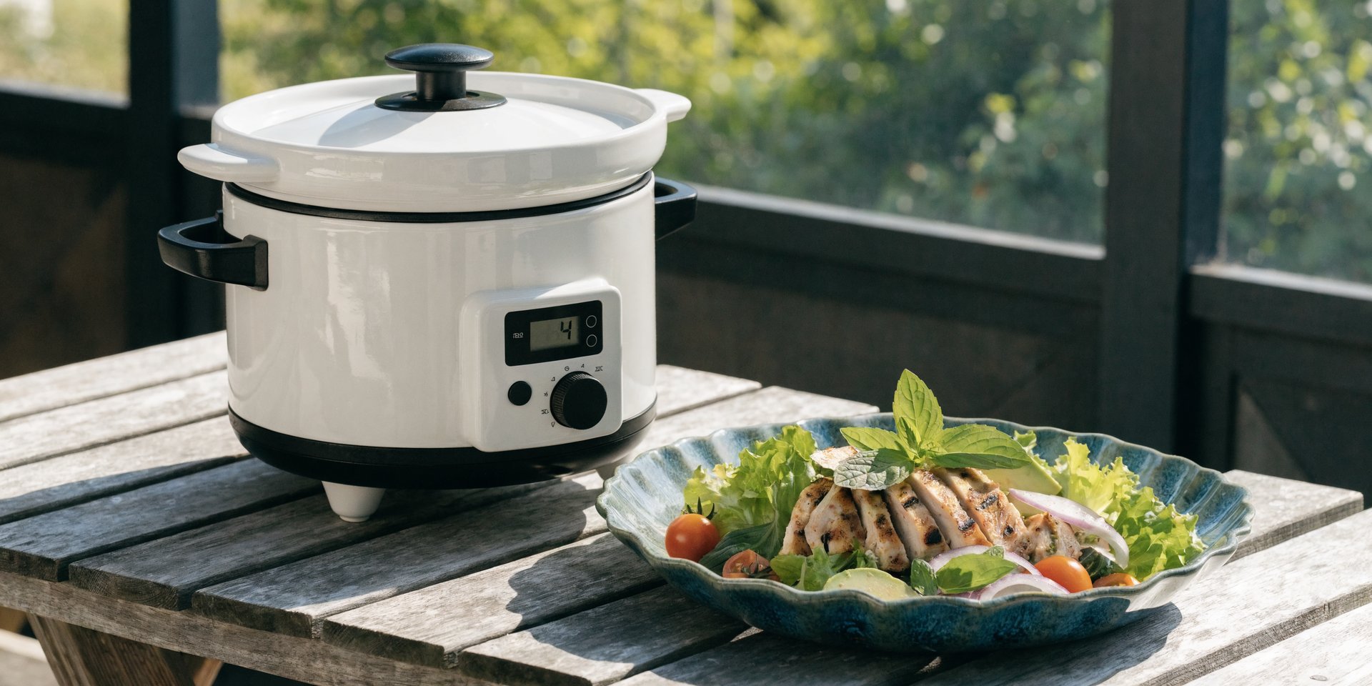 A white slow cooker sits on a wooden picnic table next to a platter of grilled chicken salad on a screened porch.