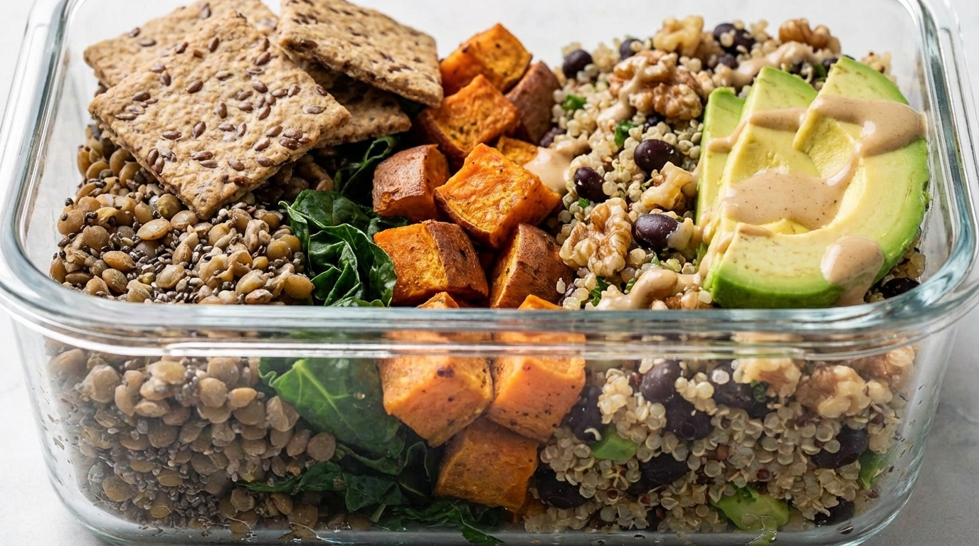 Vegan High Fiber Meal Prep for Week - fresh meal in glass containers with fresh vegetables, whole grains for natural nutrition