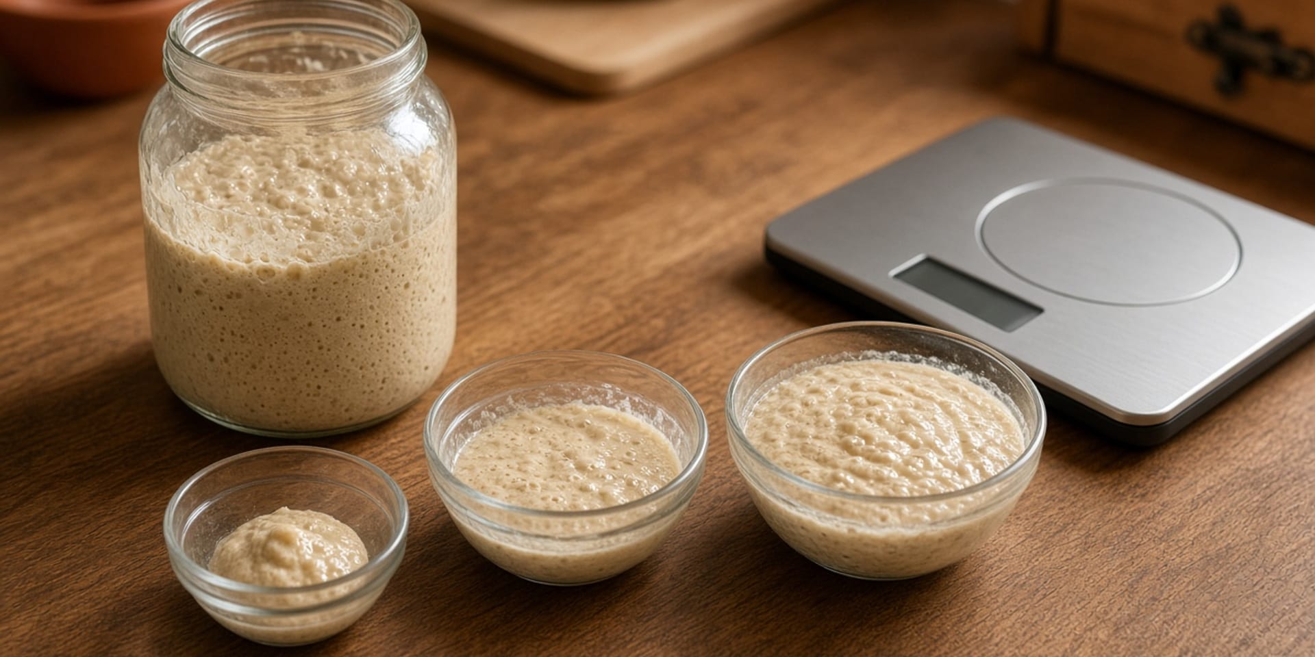 A jar of bubbly beige sourdough discard on a digital kitchen scale, with three glass bowls holding small, medium, and larger pools of the same batter.