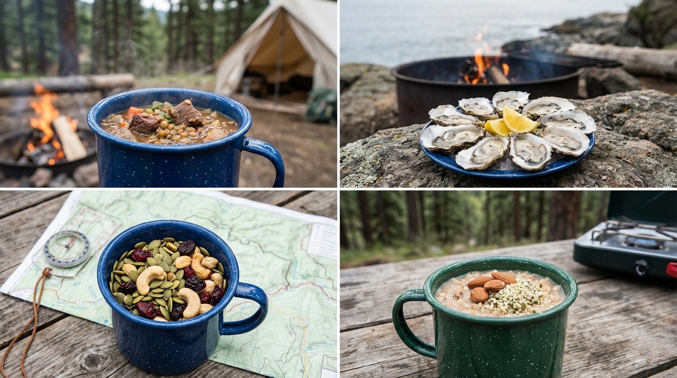 Assorted whole foods on a cutting board including beans seeds and lean protein